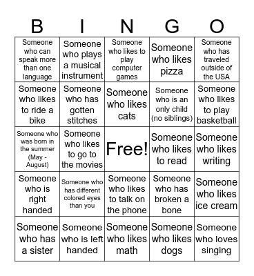 Getting to know you Bingo Card