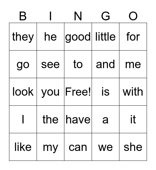 Sight Word Bingo Card