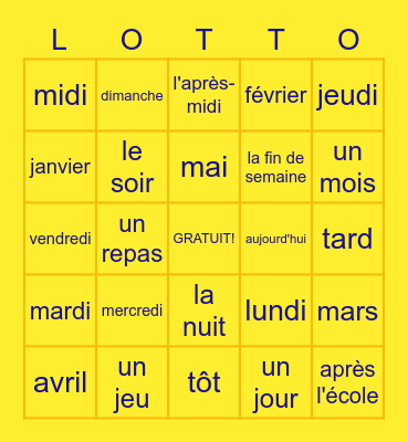 Vocabulaire de base 1 Bingo Card