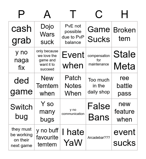 Community Patch Day Bingo Card