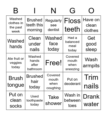 Hygiene/Health Bingo Card