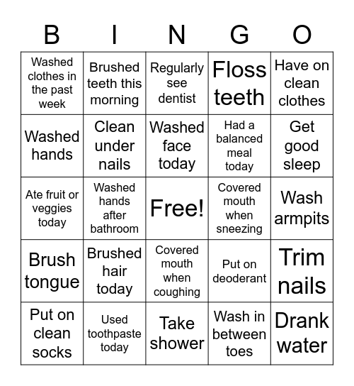 Hygiene/Health Bingo Card