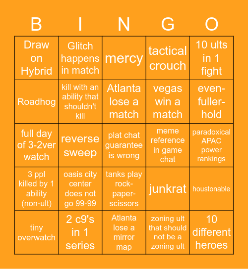 Overwatch Season 6 Grand finals qualifier bingo Card