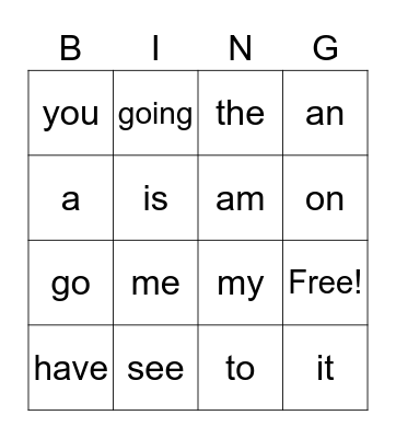 Heart Words Bingo Card