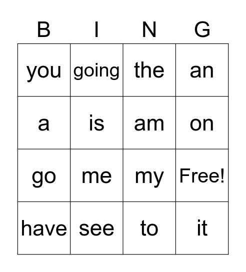 Heart Words Bingo Card