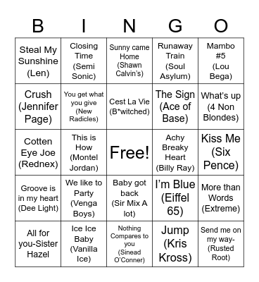 One Hit Wonders Bingo Card
