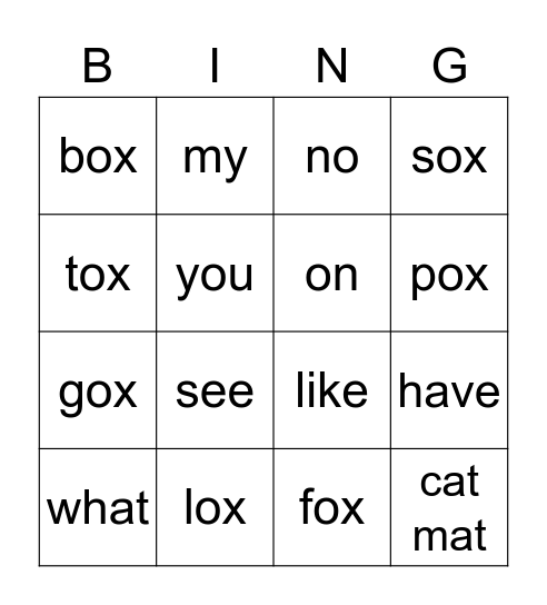 ox word family and sight words Bingo Card