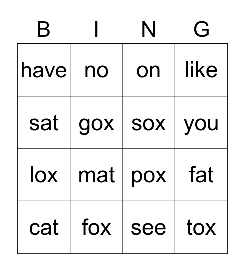 ox word family and sight words Bingo Card