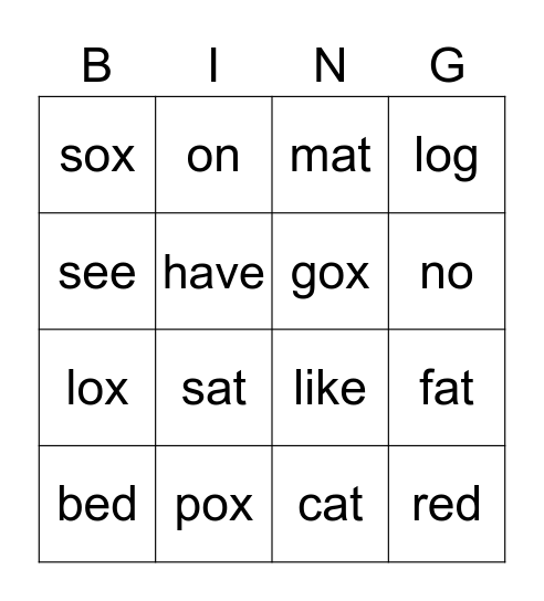 ox word family and sight words Bingo Card