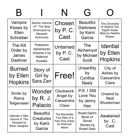 Young Adult Fiction Bingo Card