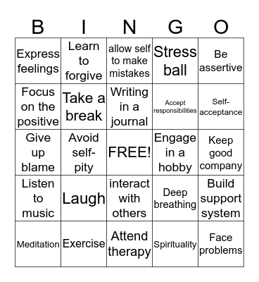 Positive Coping skills Bingo Card