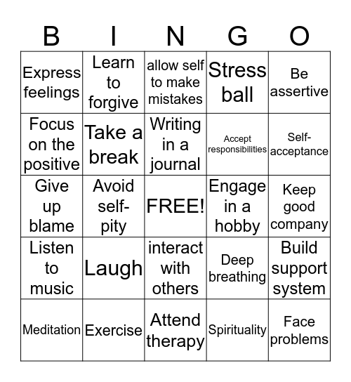 Positive Coping skills Bingo Card