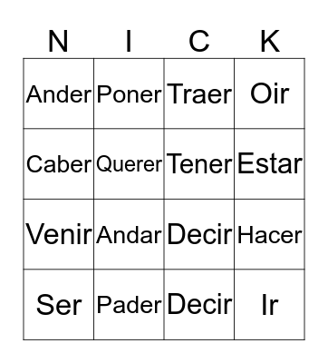 Ar verbs Bingo Card