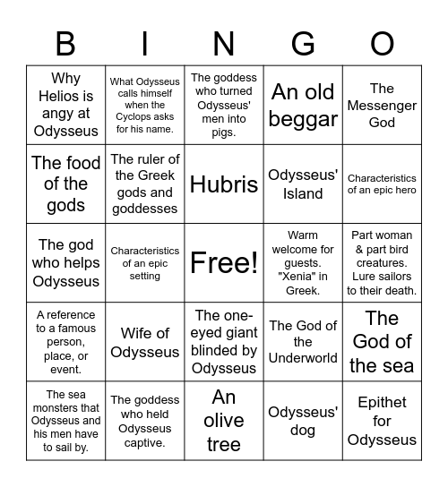 The Odyssey Bingo Card