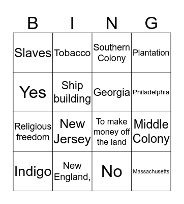 Colonial America Bingo Card