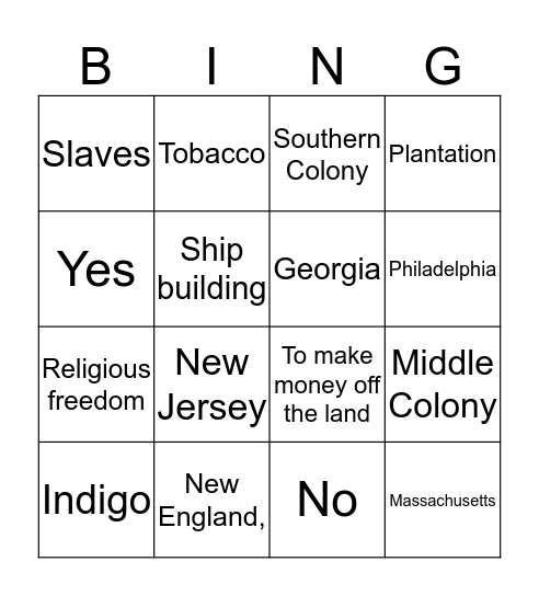 Colonial America Bingo Card