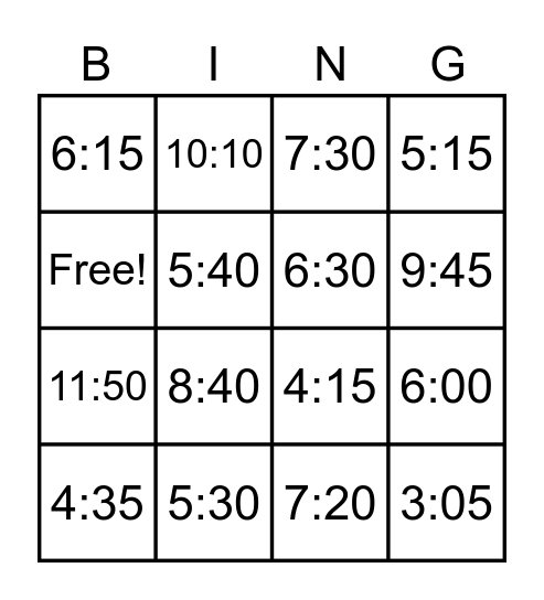 Time Bingo Card