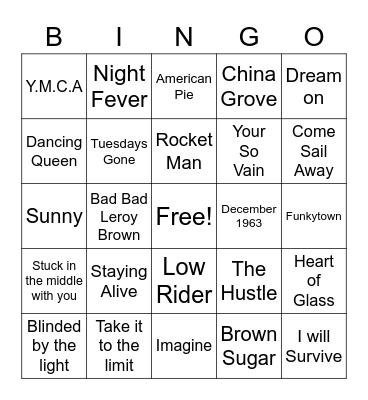 70s Music Bingo Card
