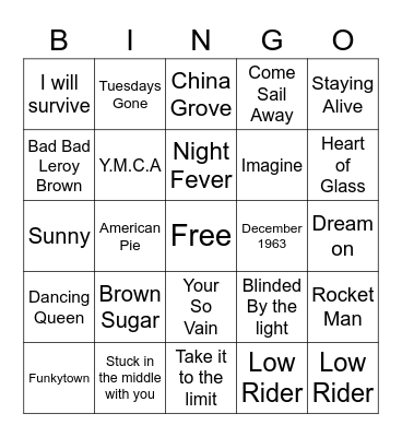 70s Music Bingo Card