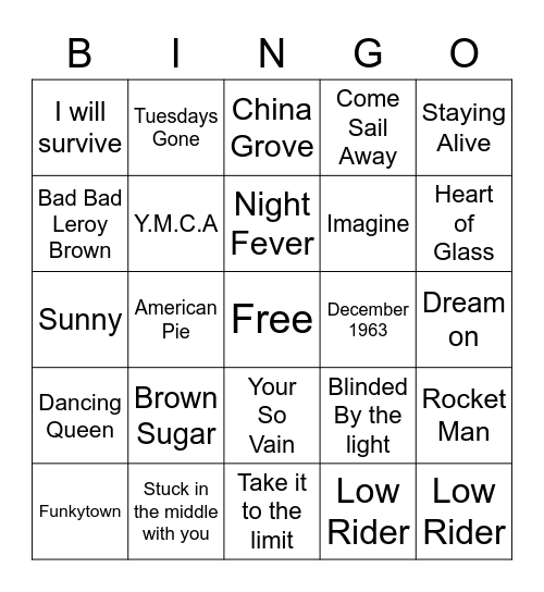 70s Music Bingo Card