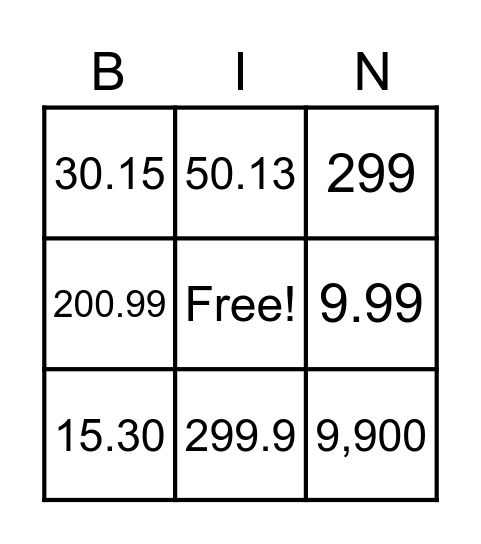 Numbers Bingo Card