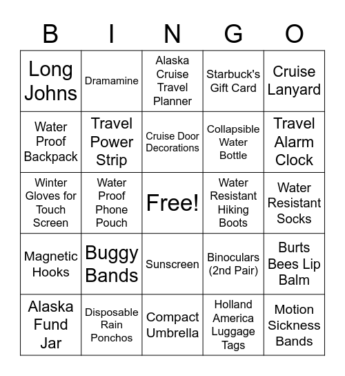 Alaska Bingo Card