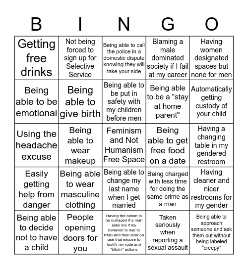 Female Privilege Is Bingo Card