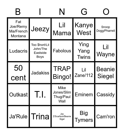 2000'S RAP Bingo Card