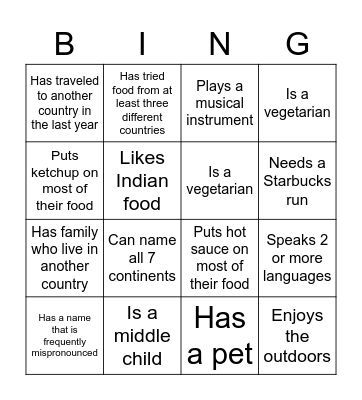 Cultural Diversity Bingo Card