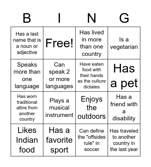 Cultural Diversity Bingo Card