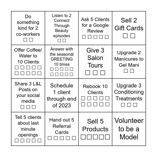 L&L SUMMER RALLY BINGO - Front Desk Bingo Card