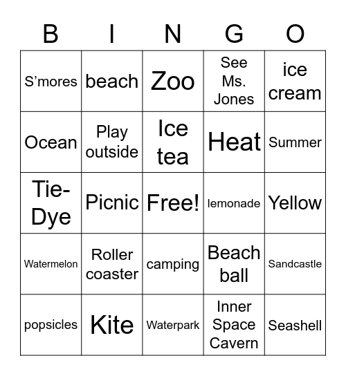 Summer Time Fun Bingo Card