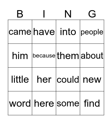 Sight words Bingo Card