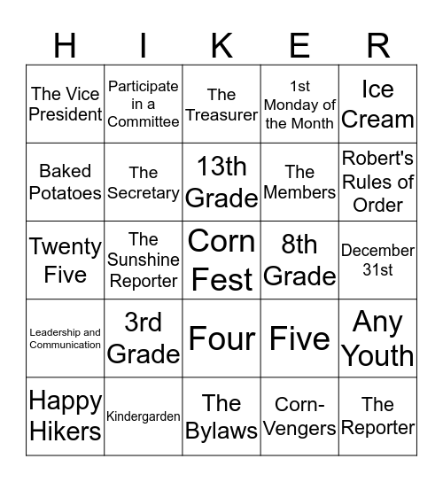 4-H Bylaw Bingo Card