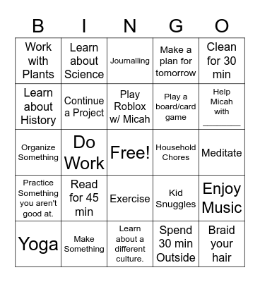 Mommy's Summer Bingo Card