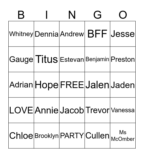 4th Grade Valentine's Day Bingo Card