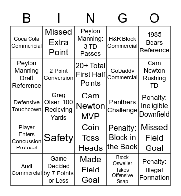 Super Bowl 50 Bingo Card