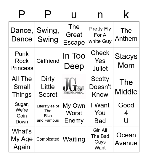 Pop Punk Bingo Card