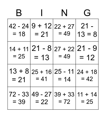 Fact Family Bingo Card