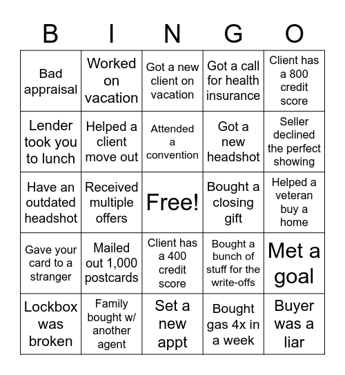 Stereotypical Real Estate Bingo Card