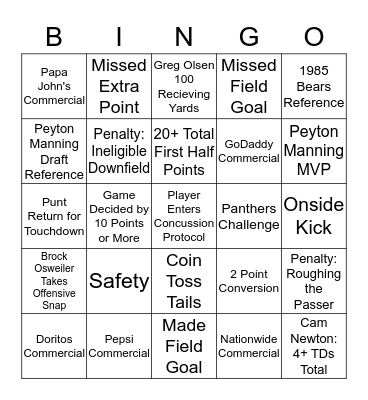 Super Bowl 50 Bingo Card