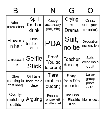 Prom Bingo Card