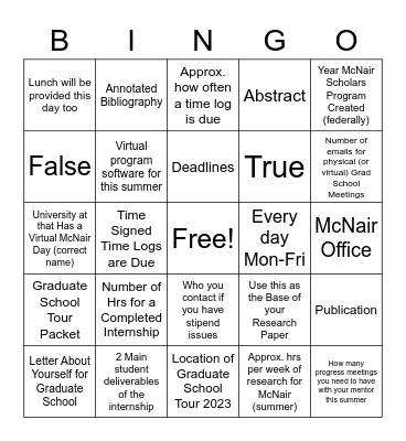 McNair Bingo Card