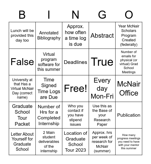 McNair Bingo Card