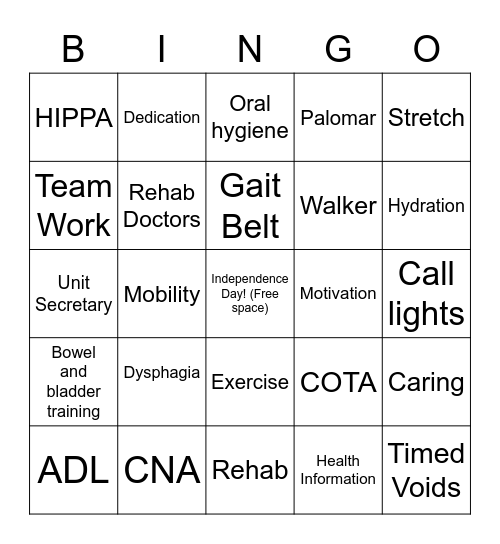 REHAB Bingo Card