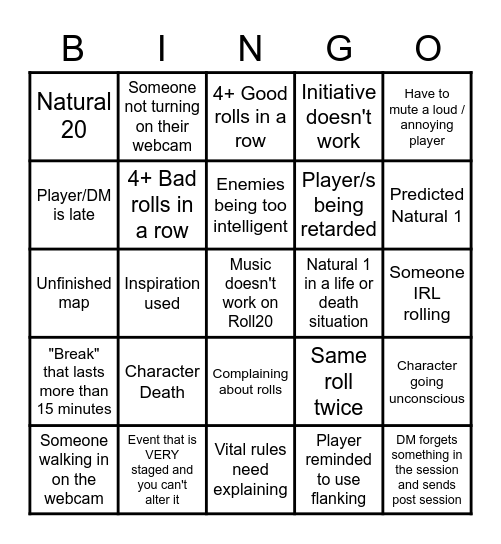 D&D Session Bingo Card