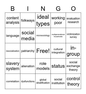 SOC201 Midterm Exam Review Bingo Card