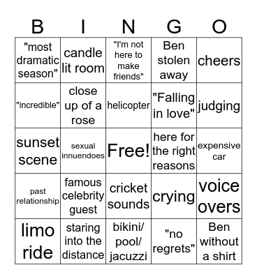 Bachelor Bingo Card