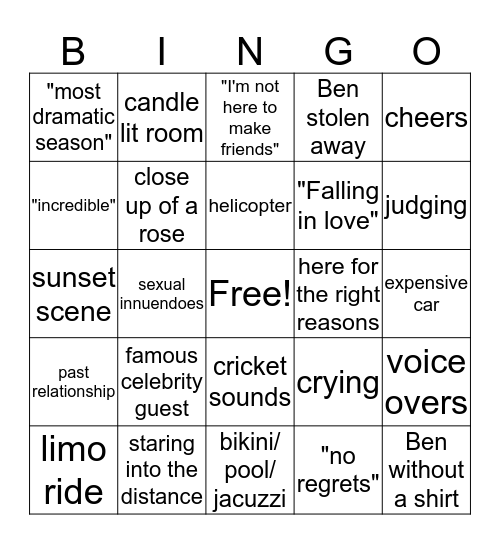Bachelor Bingo Card