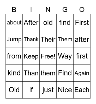 Sight Words Bingo Card